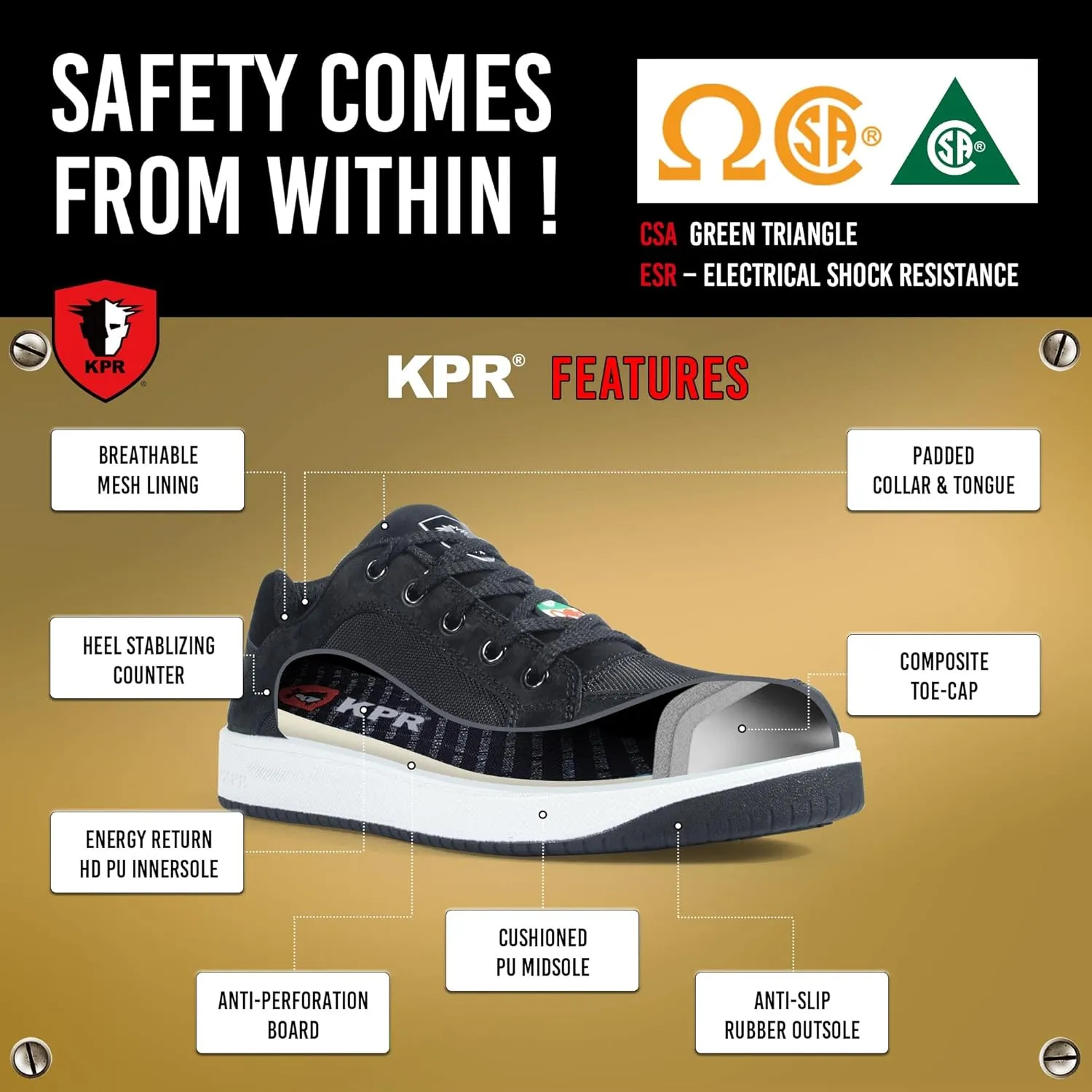 KPR Safety I886 Men's ASTM Approved Athletic Safety Work Shoes Composite Toe Waterproof Nubuck Leather Antislip ESR Wide Width