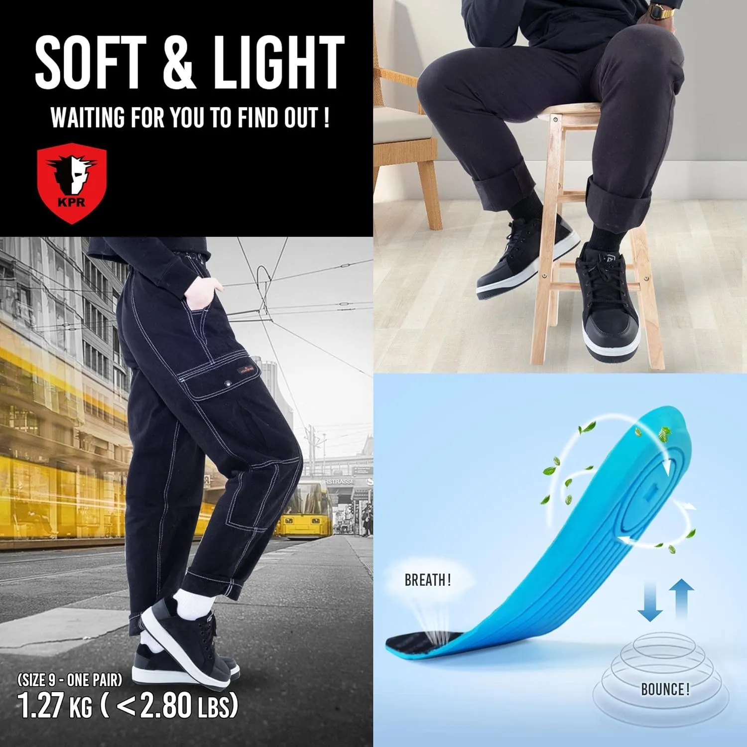 KPR Safety I886 Men's ASTM Approved Athletic Safety Work Shoes Composite Toe Waterproof Nubuck Leather Antislip ESR Wide Width