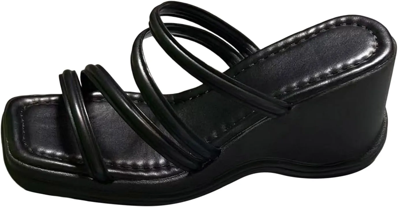 Ladies Fashion Summer Solid Leather Fine Strap Combination Open Toe Slope Heel Thick Chunky Sandals for Strap Sandal