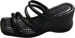 Ladies Fashion Summer Solid Leather Fine Strap Combination Open Toe Slope Heel Thick Chunky Sandals for Strap Sandal