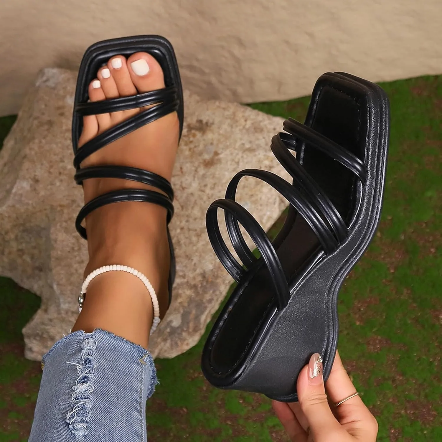 Ladies Fashion Summer Solid Leather Fine Strap Combination Open Toe Slope Heel Thick Chunky Sandals for Strap Sandal