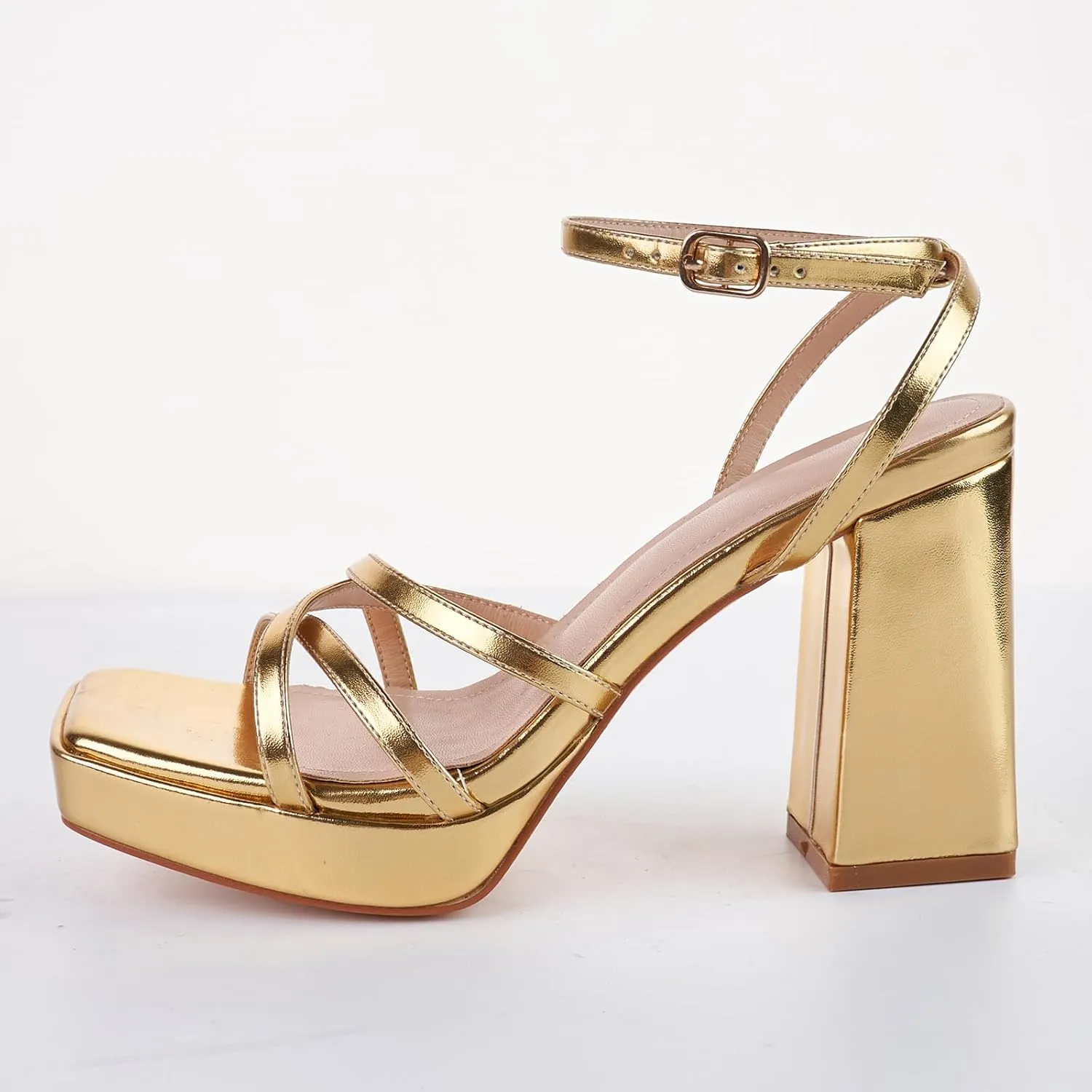 LALA IKAI Women's Platform Strappy Heels Chunky Block Heeled Sandals with Ankle Strap Square Open Toe for Wedding Party Y2K Dress Shoes