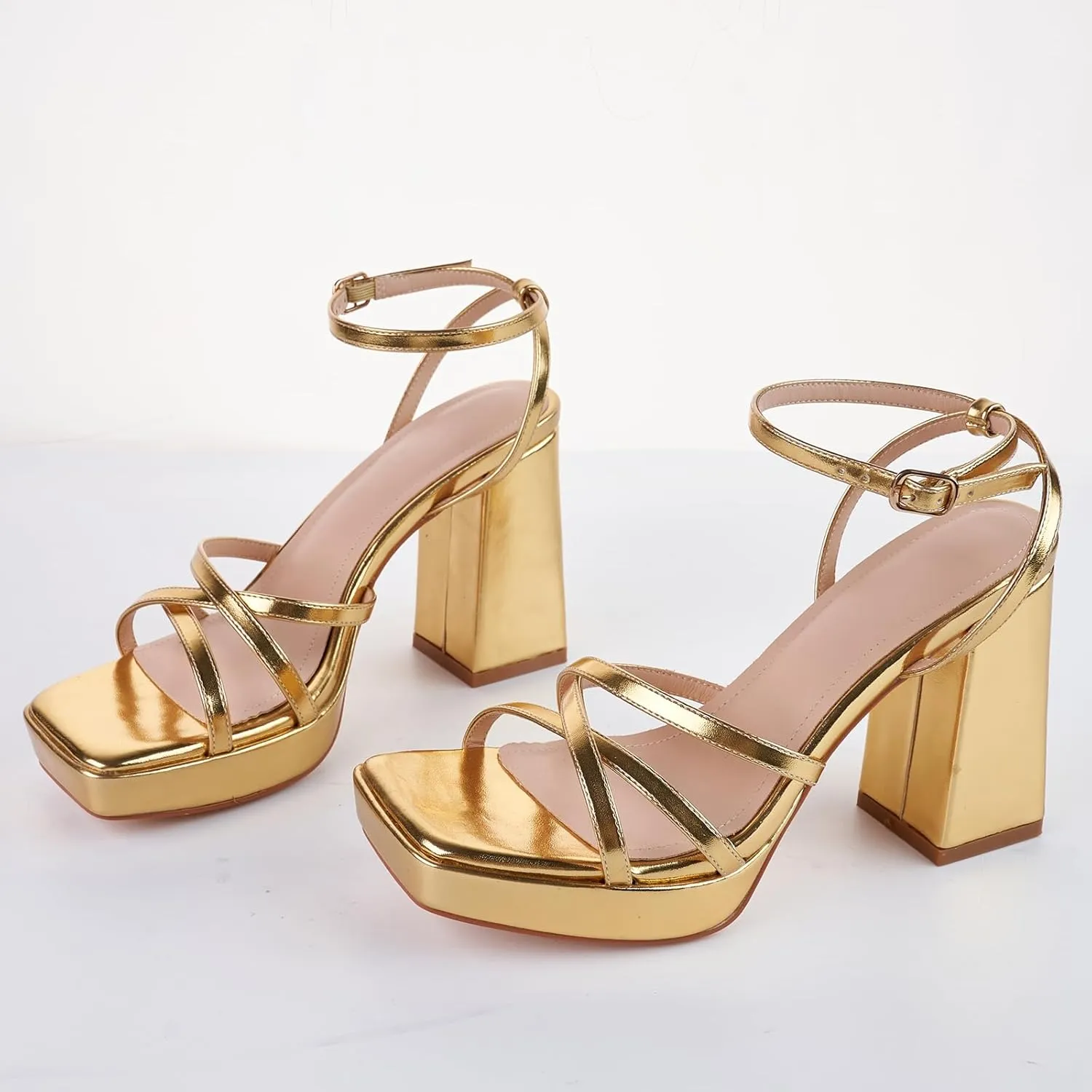 LALA IKAI Women's Platform Strappy Heels Chunky Block Heeled Sandals with Ankle Strap Square Open Toe for Wedding Party Y2K Dress Shoes