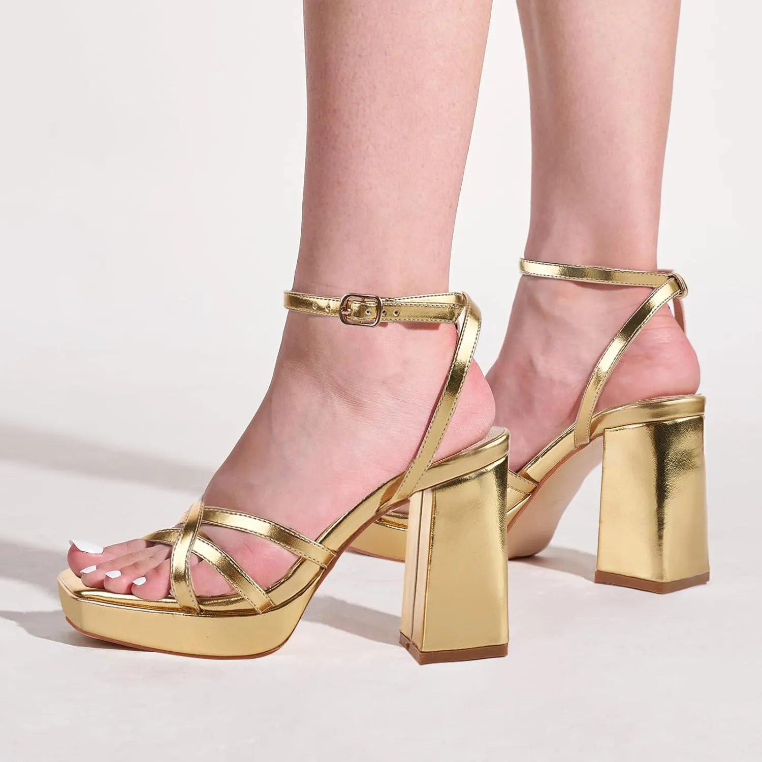 LALA IKAI Women's Platform Strappy Heels Chunky Block Heeled Sandals with Ankle Strap Square Open Toe for Wedding Party Y2K Dress Shoes