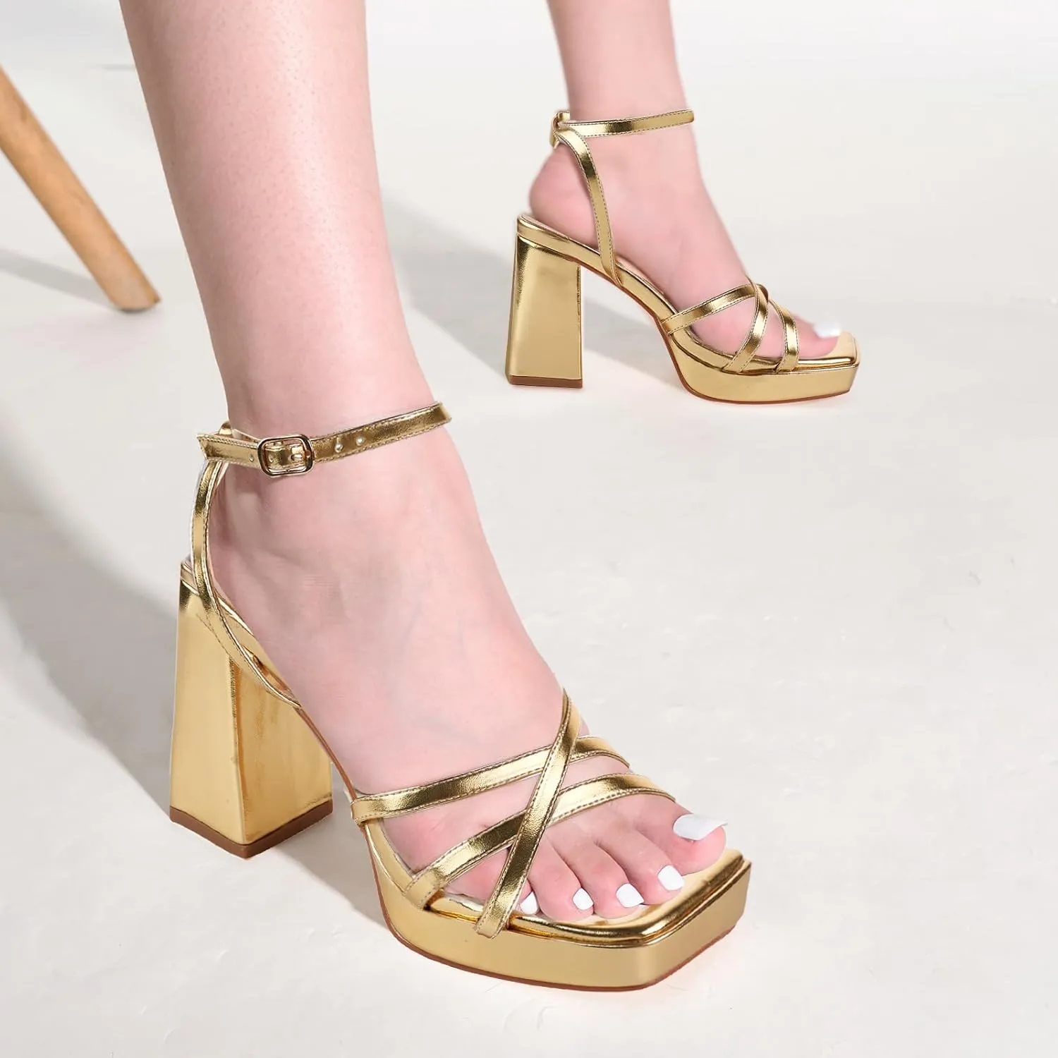 LALA IKAI Women's Platform Strappy Heels Chunky Block Heeled Sandals with Ankle Strap Square Open Toe for Wedding Party Y2K Dress Shoes