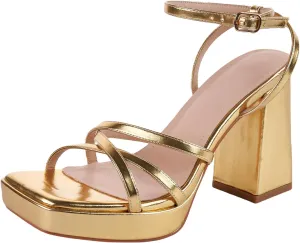 LALA IKAI Women's Platform Strappy Heels Chunky Block Heeled Sandals with Ankle Strap Square Open Toe for Wedding Party Y2K Dress Shoes