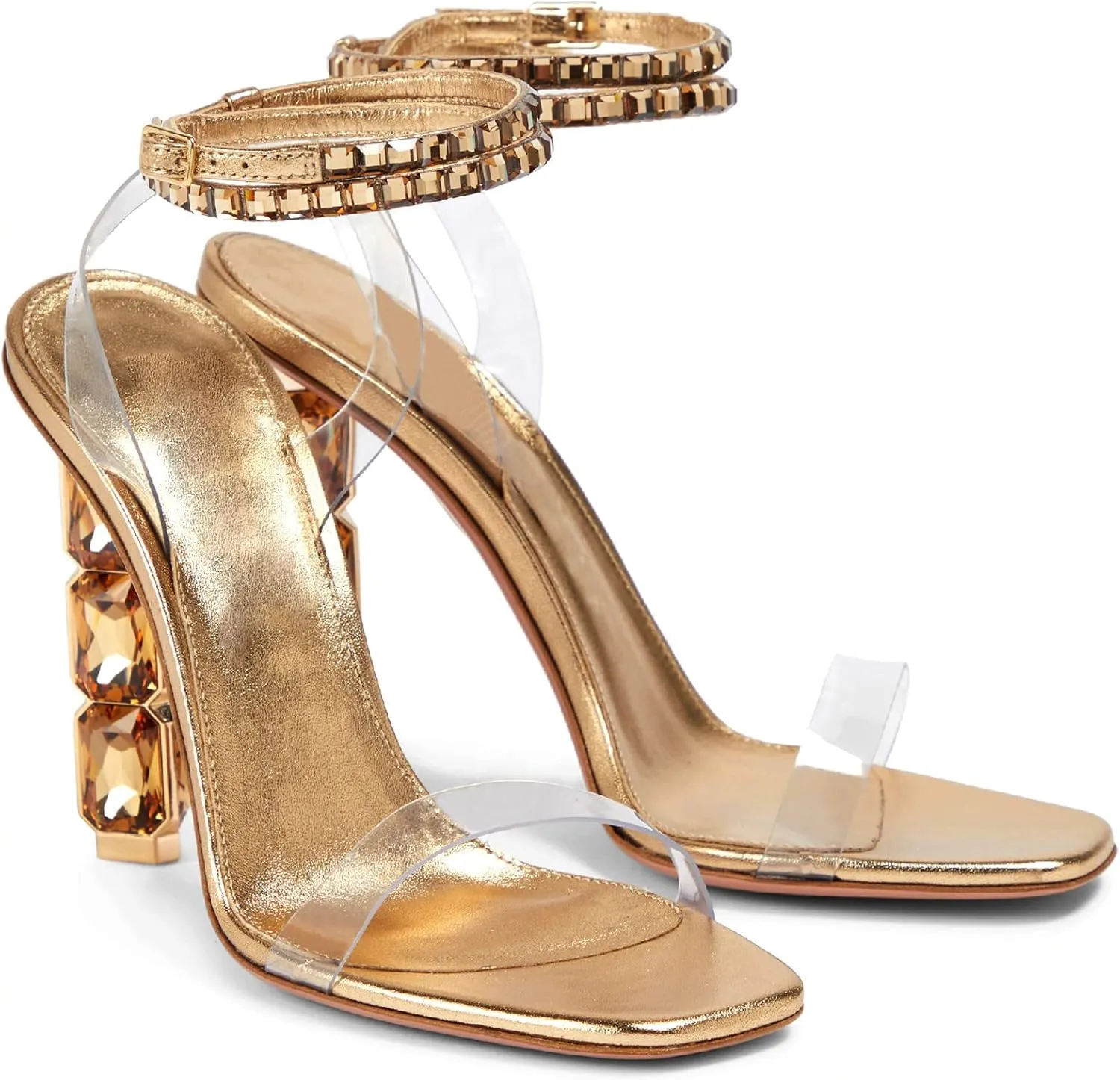 LauraVicci Women Heeled Sandals Ankle Straps Rhinestone Crystal Chunky Block Open Toe Slip on Wedding Slip on Wedding Party Evening Dress Shoes