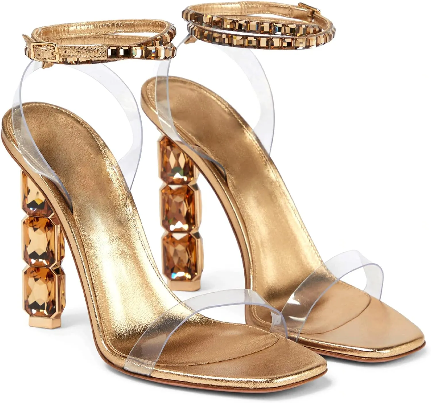 LauraVicci Women Heeled Sandals Ankle Straps Rhinestone Crystal Chunky Block Open Toe Slip on Wedding Slip on Wedding Party Evening Dress Shoes