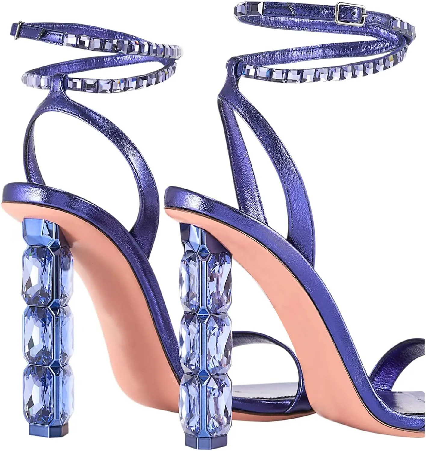 LauraVicci Women Heeled Sandals Ankle Straps Rhinestone Crystal Chunky Block Open Toe Slip on Wedding Slip on Wedding Party Evening Dress Shoes