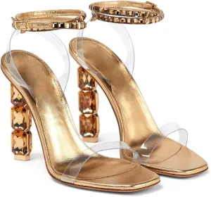 LauraVicci Women Heeled Sandals Ankle Straps Rhinestone Crystal Chunky Block Open Toe Slip on Wedding Slip on Wedding Party Evening Dress Shoes