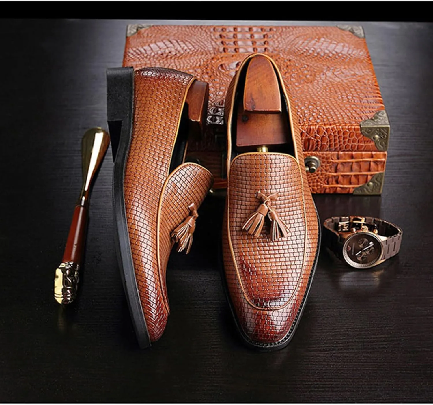 Leather Tassels Dress Shoes for Men, Fashion Weave Tassels Loafer Business Slip-On Shoes Party Loafers for Mens