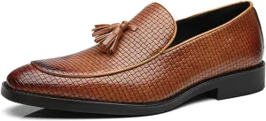 Leather Tassels Dress Shoes for Men, Fashion Weave Tassels Loafer Business Slip-On Shoes Party Loafers for Mens