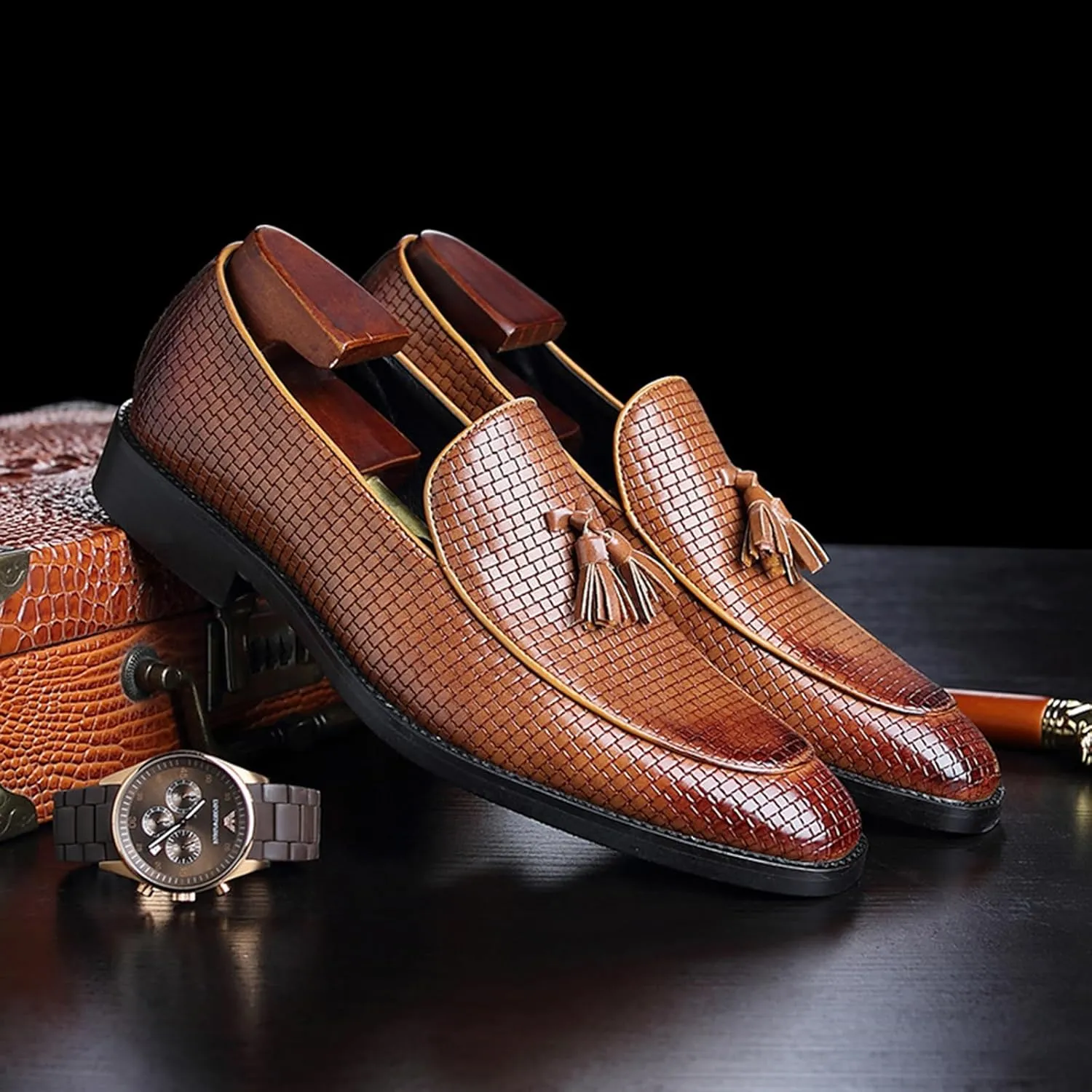 Leather Tassels Dress Shoes for Men, Fashion Weave Tassels Loafer Business Slip-On Shoes Party Loafers for Mens
