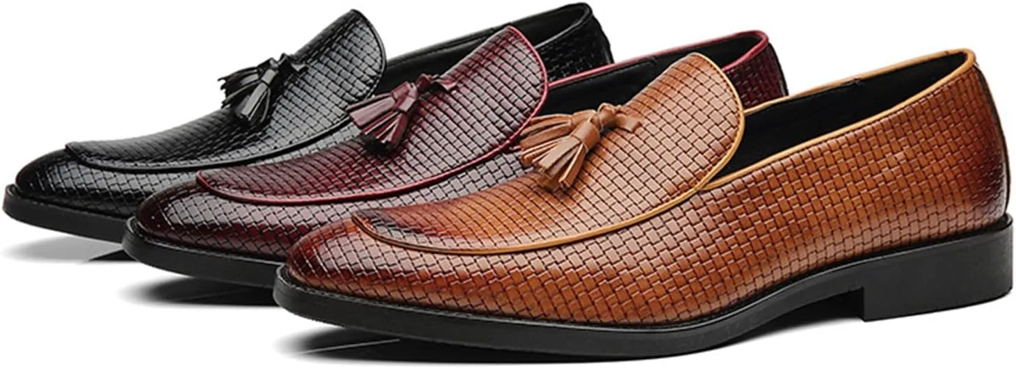 Leather Tassels Dress Shoes for Men, Fashion Weave Tassels Loafer Business Slip-On Shoes Party Loafers for Mens