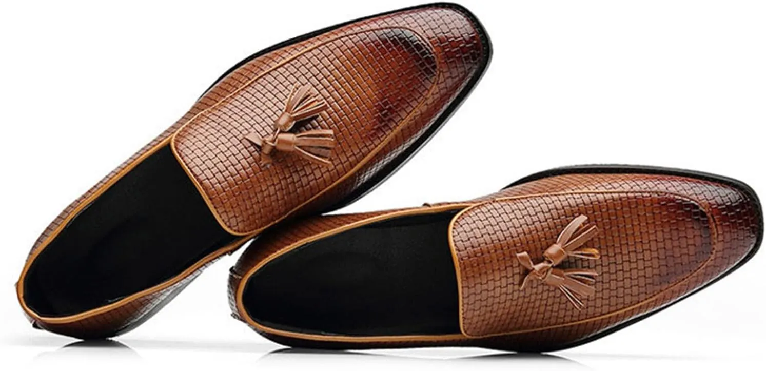 Leather Tassels Dress Shoes for Men, Fashion Weave Tassels Loafer Business Slip-On Shoes Party Loafers for Mens
