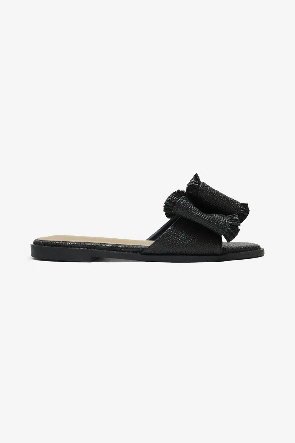 LEMONADE Women's Double Bow Frayed Edge Detail Flat Slider Sandal