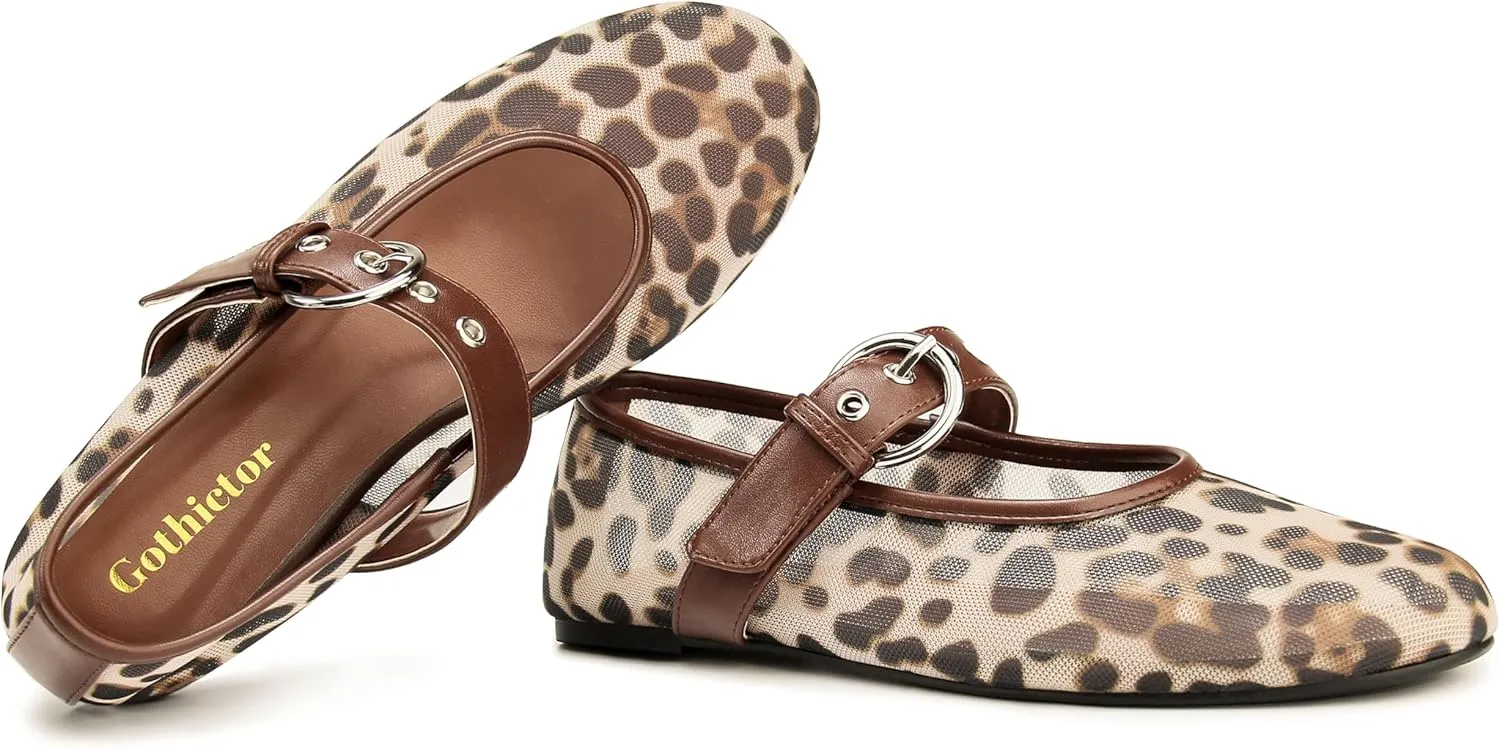 Leopard Flats for Women Mesh Flats Ballet Flats Mary Jane Flats Women's Dress Shoes Ballet Shoes