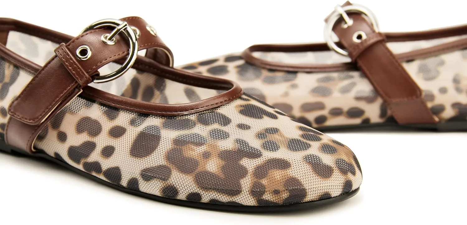 Leopard Flats for Women Mesh Flats Ballet Flats Mary Jane Flats Women's Dress Shoes Ballet Shoes