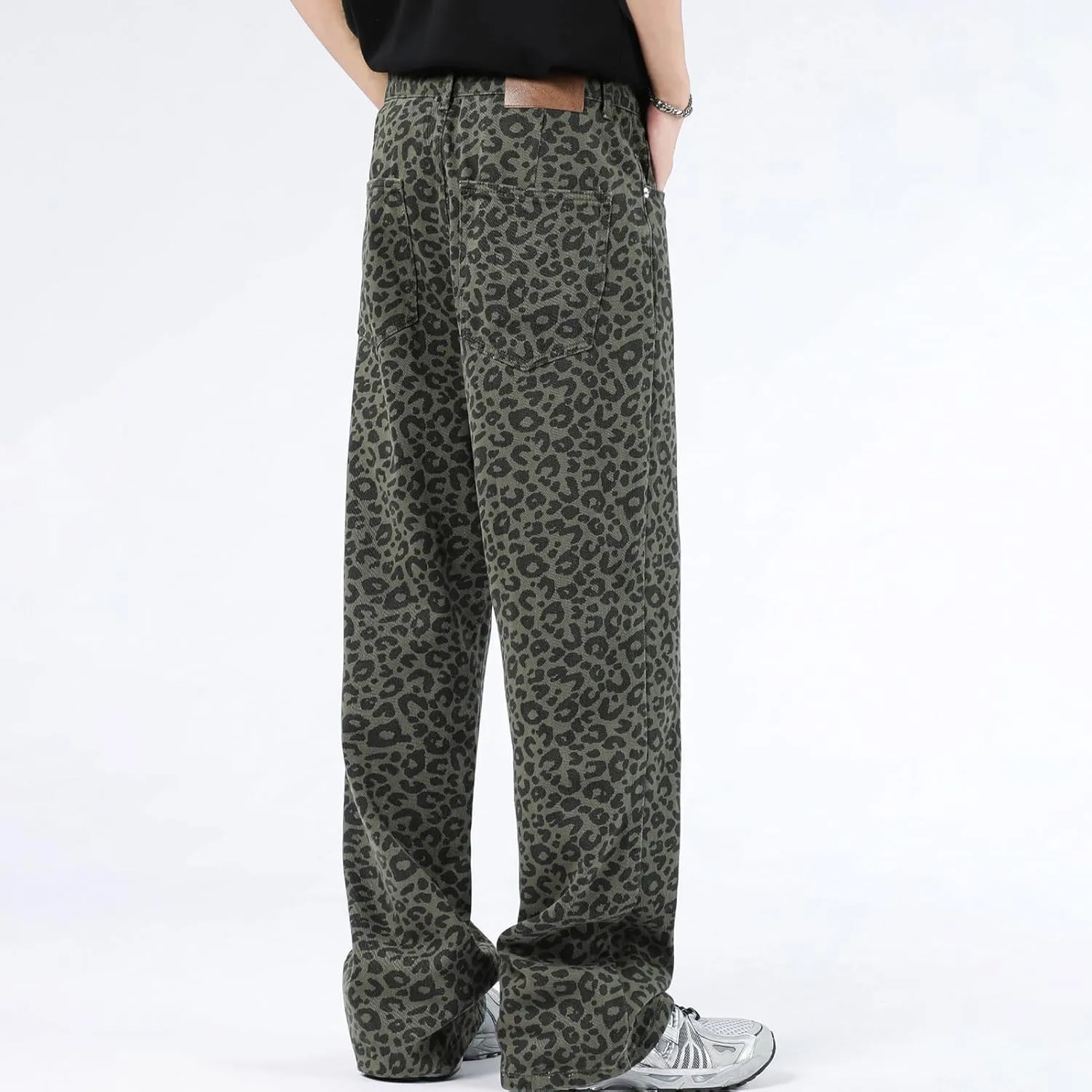 Leopard Print Baggy Jeans for Mens Hip Hop Loose fit Y2K Vintage Denim Pants Chic Street Style Wide Leg Jeans Pants