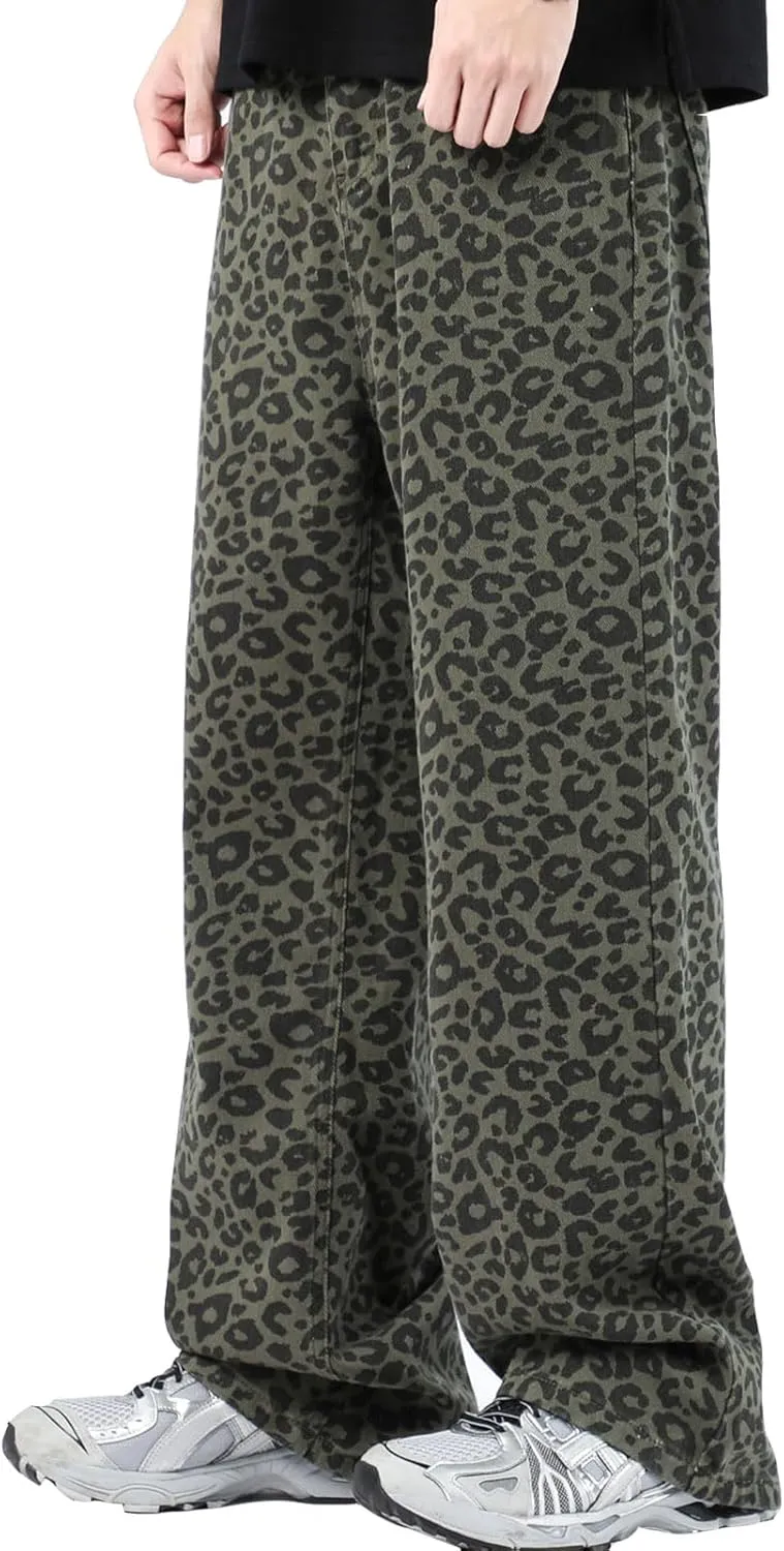Leopard Print Baggy Jeans for Mens Hip Hop Loose fit Y2K Vintage Denim Pants Chic Street Style Wide Leg Jeans Pants