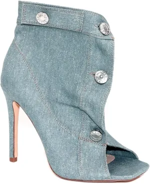Liliana Women's Denim Button Up High Heel Open Toe Booties Peep Toe Denim Pocket Booties for Women, JULENE-1