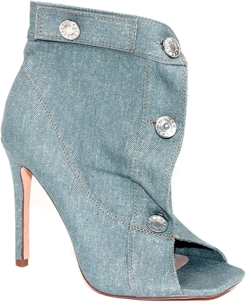 Liliana Women's Denim Button Up High Heel Open Toe Booties Peep Toe Denim Pocket Booties for Women, JULENE-1