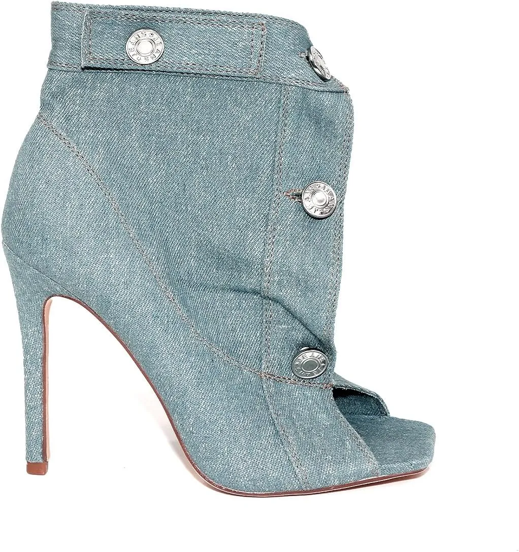 Liliana Women's Denim Button Up High Heel Open Toe Booties Peep Toe Denim Pocket Booties for Women, JULENE-1