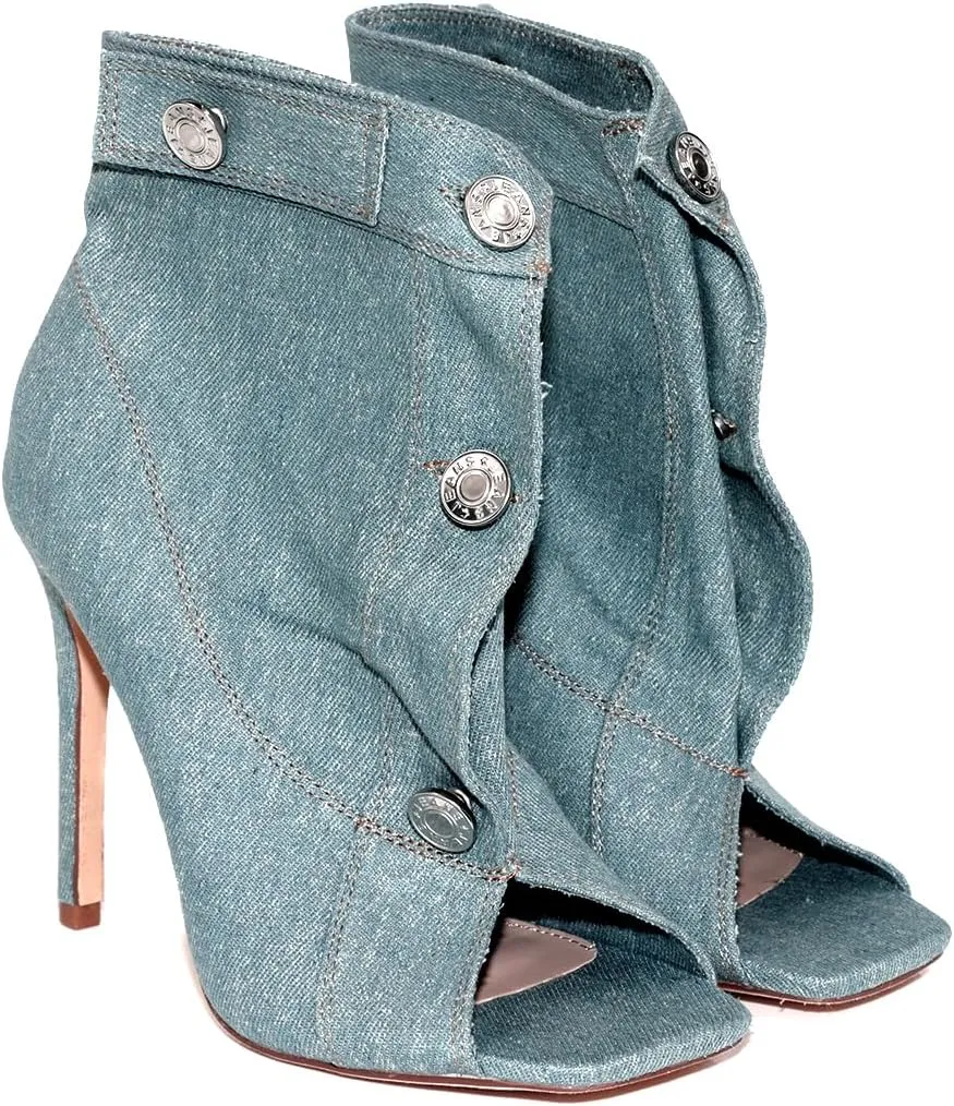 Liliana Women's Denim Button Up High Heel Open Toe Booties Peep Toe Denim Pocket Booties for Women, JULENE-1