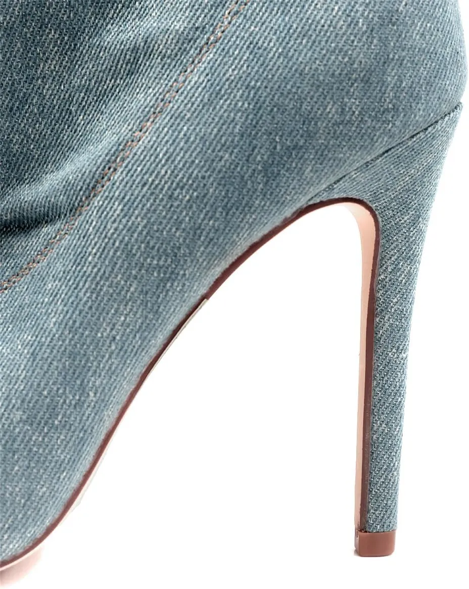 Liliana Women's Denim Button Up High Heel Open Toe Booties Peep Toe Denim Pocket Booties for Women, JULENE-1