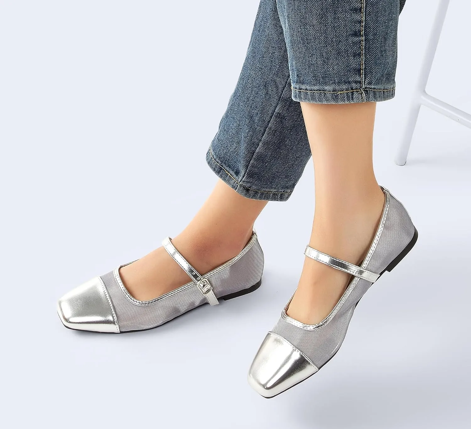 LUCKY STEP Women's Mesh Buckle Flats Mary Jane Square Toe Ballet Dress Adjustable Strap Block Heel Casual Daily Formal Wedding Shoes