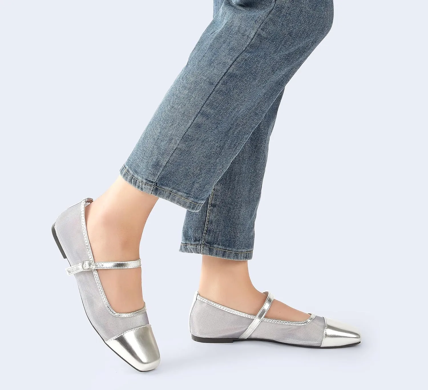 LUCKY STEP Women's Mesh Buckle Flats Mary Jane Square Toe Ballet Dress Adjustable Strap Block Heel Casual Daily Formal Wedding Shoes