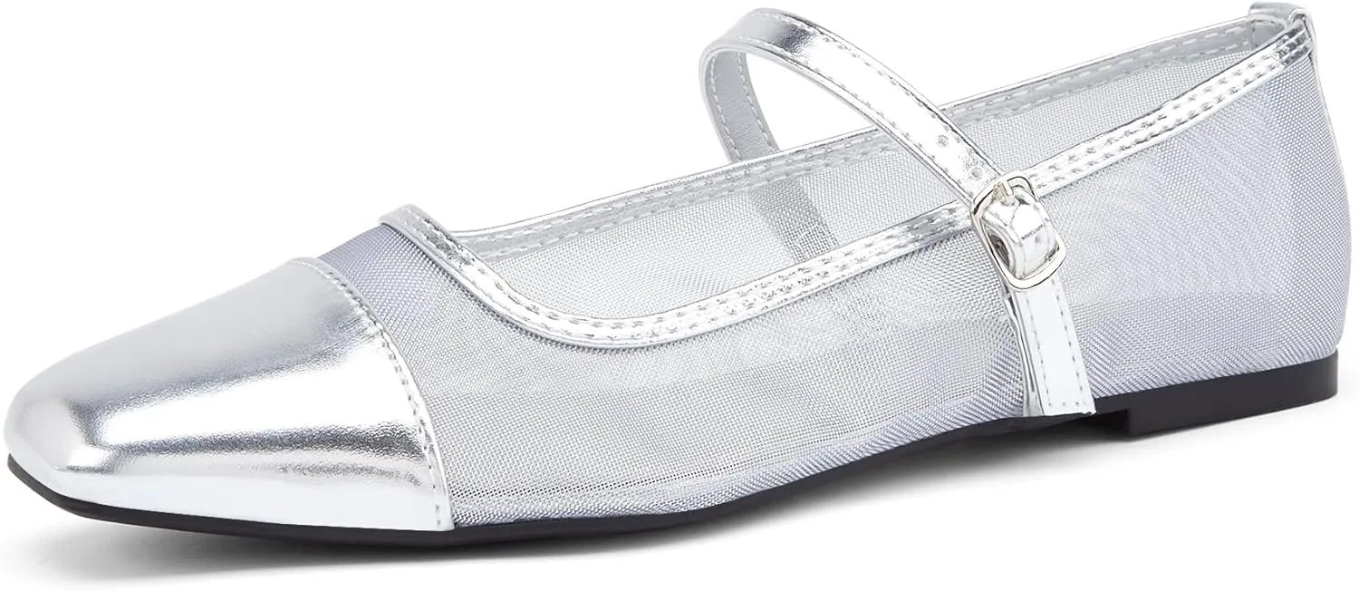 LUCKY STEP Women's Mesh Buckle Flats Mary Jane Square Toe Ballet Dress Adjustable Strap Block Heel Casual Daily Formal Wedding Shoes