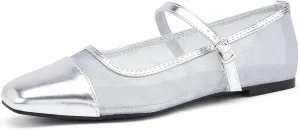 LUCKY STEP Women's Mesh Buckle Flats Mary Jane Square Toe Ballet Dress Adjustable Strap Block Heel Casual Daily Formal Wedding Shoes