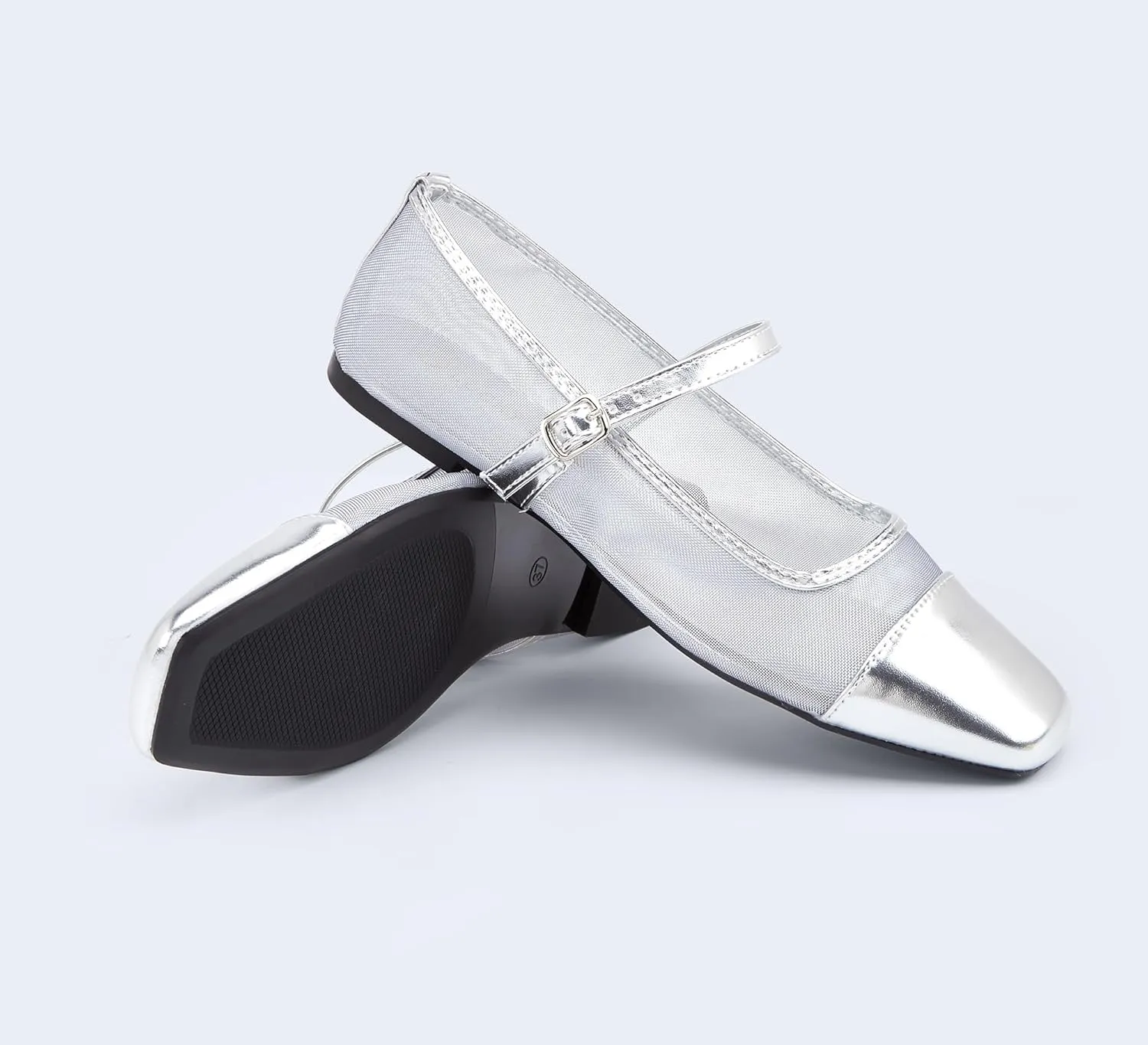 LUCKY STEP Women's Mesh Buckle Flats Mary Jane Square Toe Ballet Dress Adjustable Strap Block Heel Casual Daily Formal Wedding Shoes