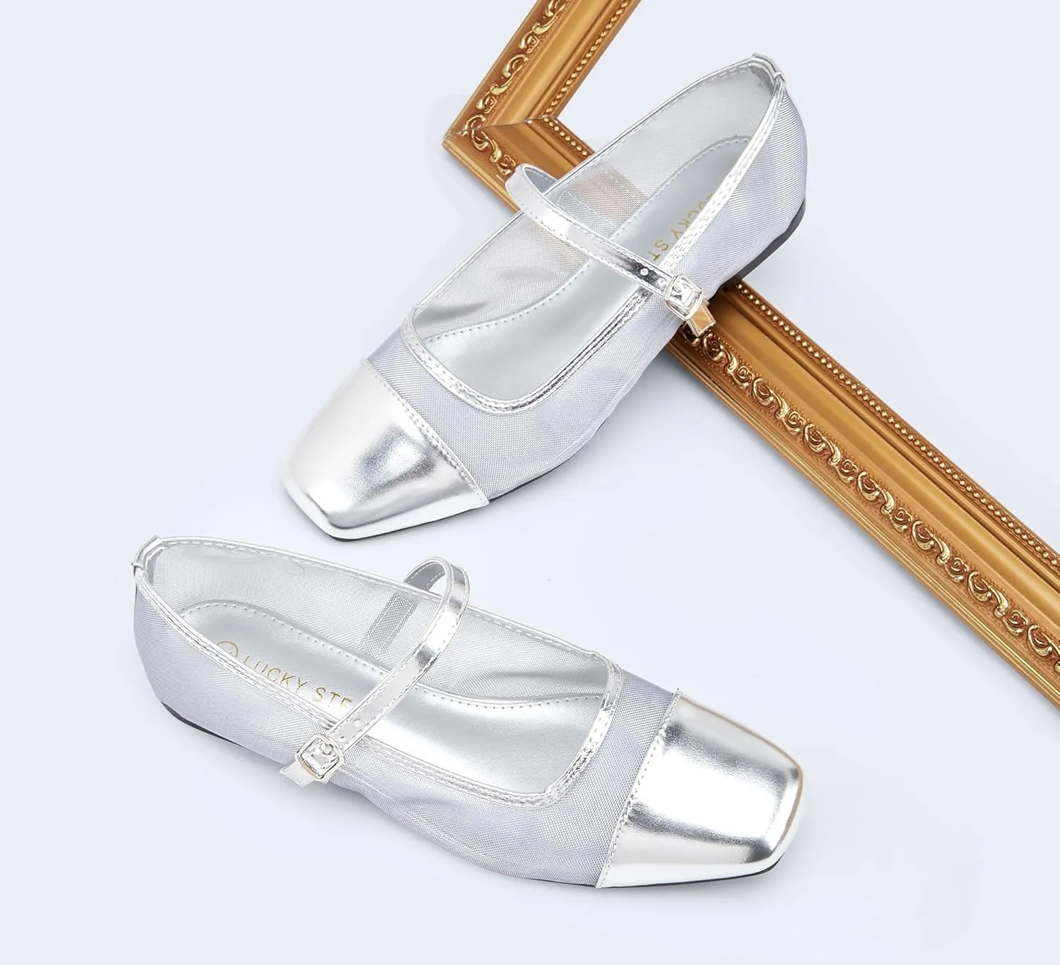 LUCKY STEP Women's Mesh Buckle Flats Mary Jane Square Toe Ballet Dress Adjustable Strap Block Heel Casual Daily Formal Wedding Shoes