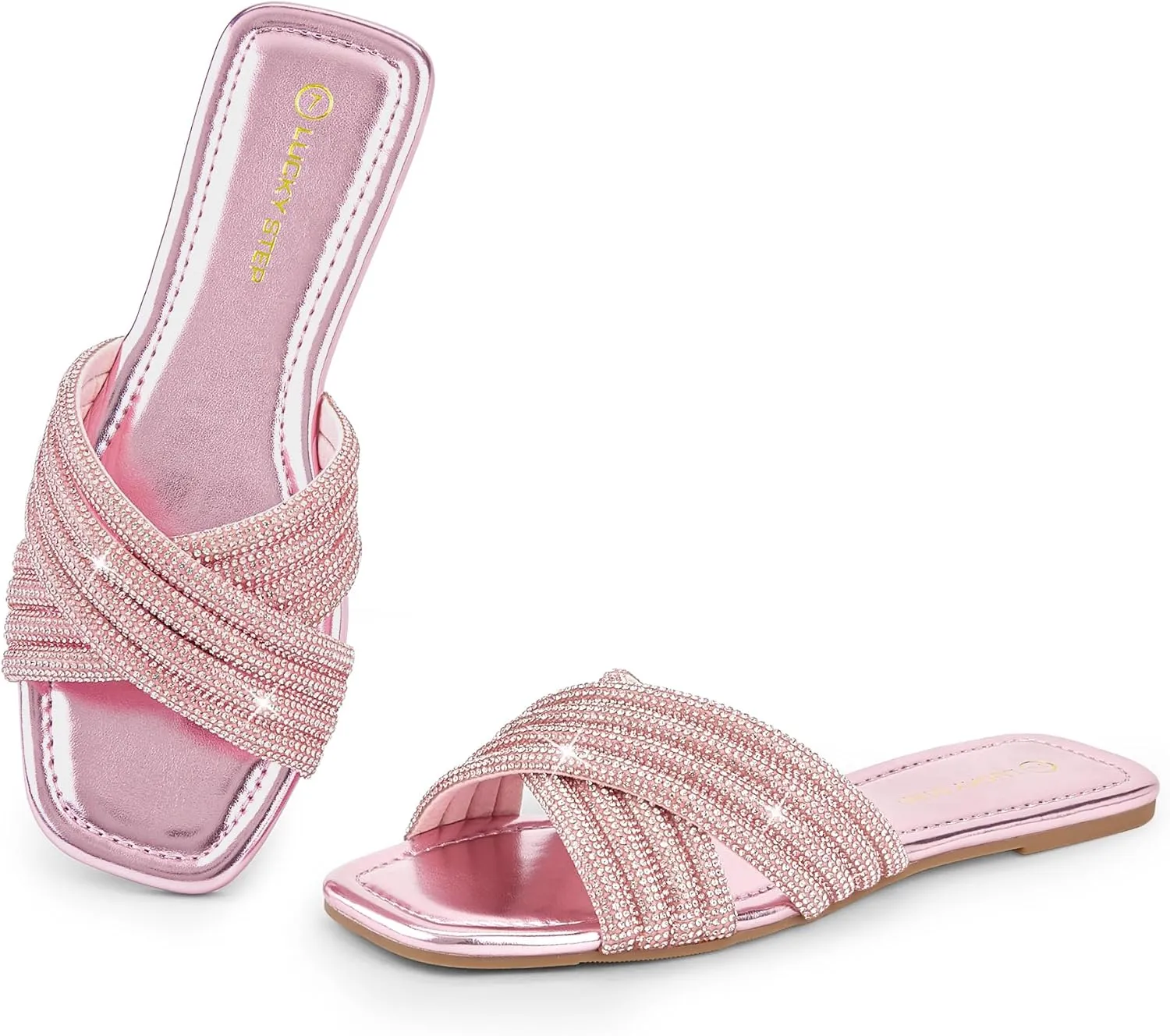 LUCKY STEP Women's Rhinestone Flat Sandals Open Toe Summer Glitter Bling Sparkle Dressy Slip on Outdoor Crossed Strap Slide