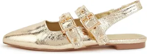 LUCKY STEP Women's Slingback Buckle Flats Ballet Poninted Toe Block Heel Dress Adjustable Strap Mary Jane Formal Wedding Shoes