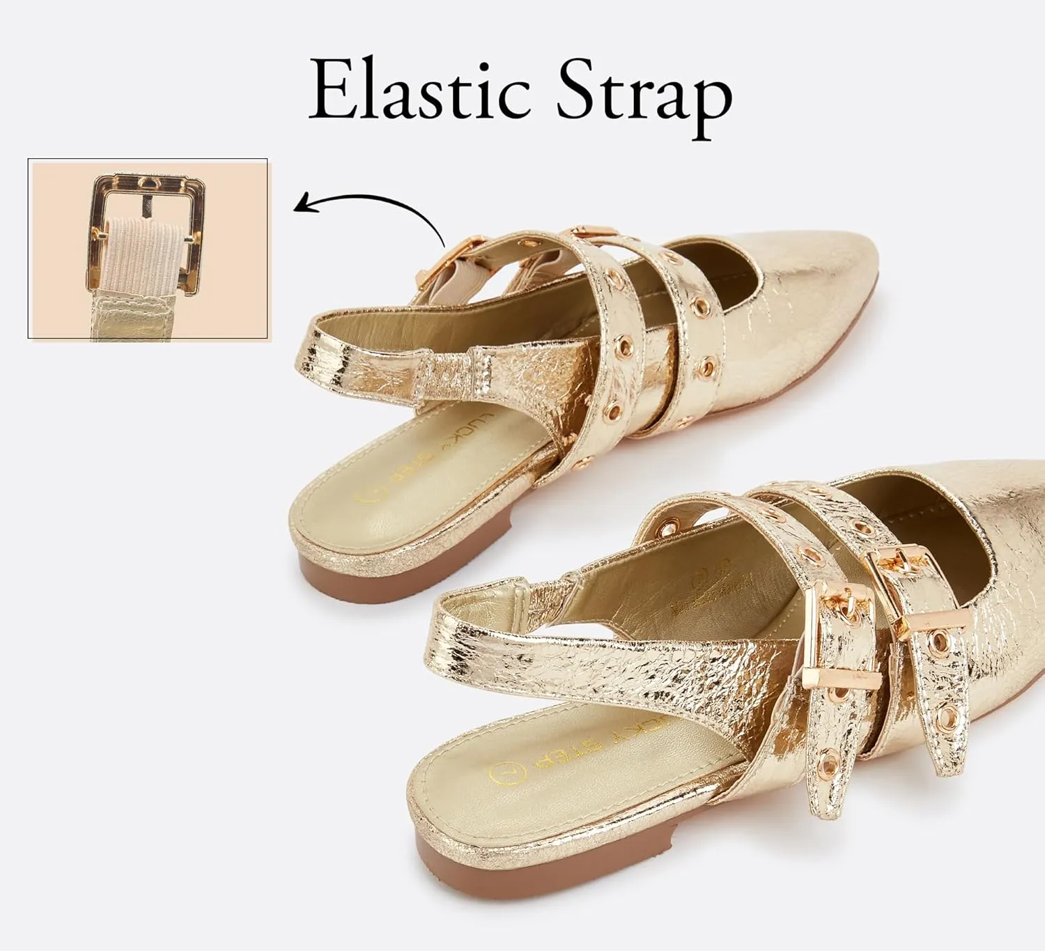 LUCKY STEP Women's Slingback Buckle Flats Ballet Poninted Toe Block Heel Dress Adjustable Strap Mary Jane Formal Wedding Shoes