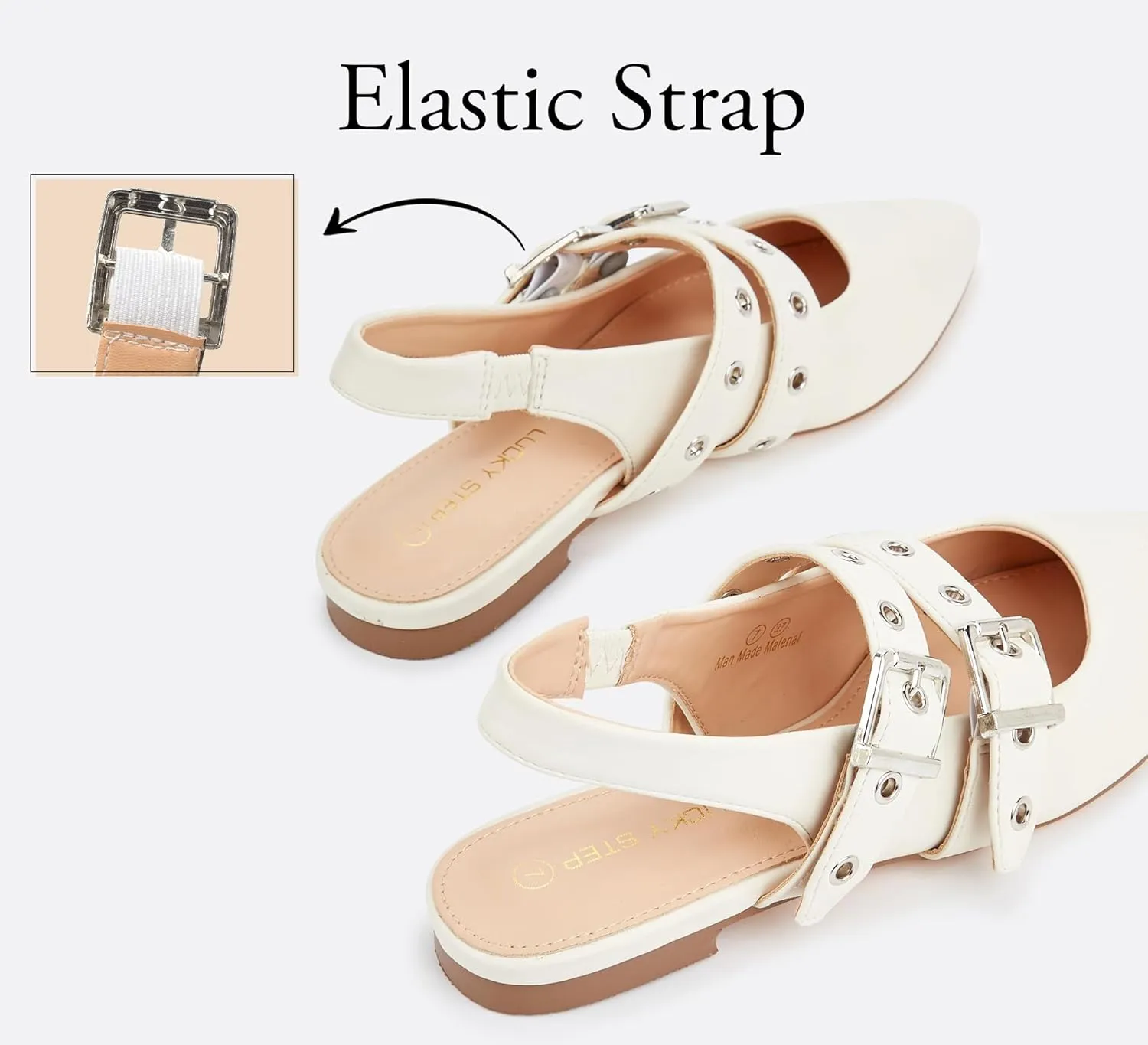 LUCKY STEP Women's Slingback Buckle Flats Ballet Poninted Toe Block Heel Dress Adjustable Strap Mary Jane Formal Wedding Shoes