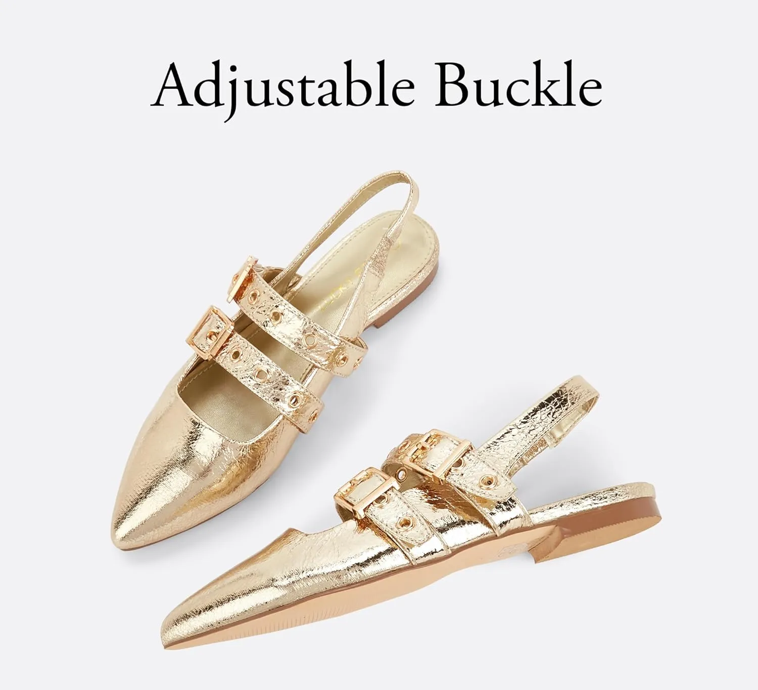 LUCKY STEP Women's Slingback Buckle Flats Ballet Poninted Toe Block Heel Dress Adjustable Strap Mary Jane Formal Wedding Shoes