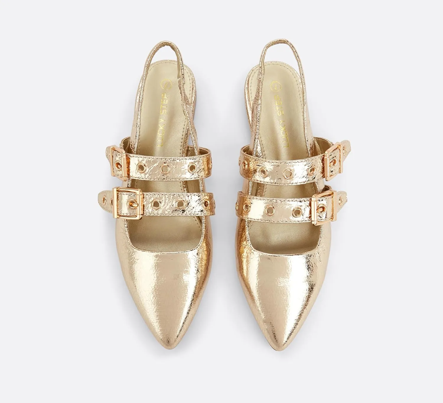 LUCKY STEP Women's Slingback Buckle Flats Ballet Poninted Toe Block Heel Dress Adjustable Strap Mary Jane Formal Wedding Shoes