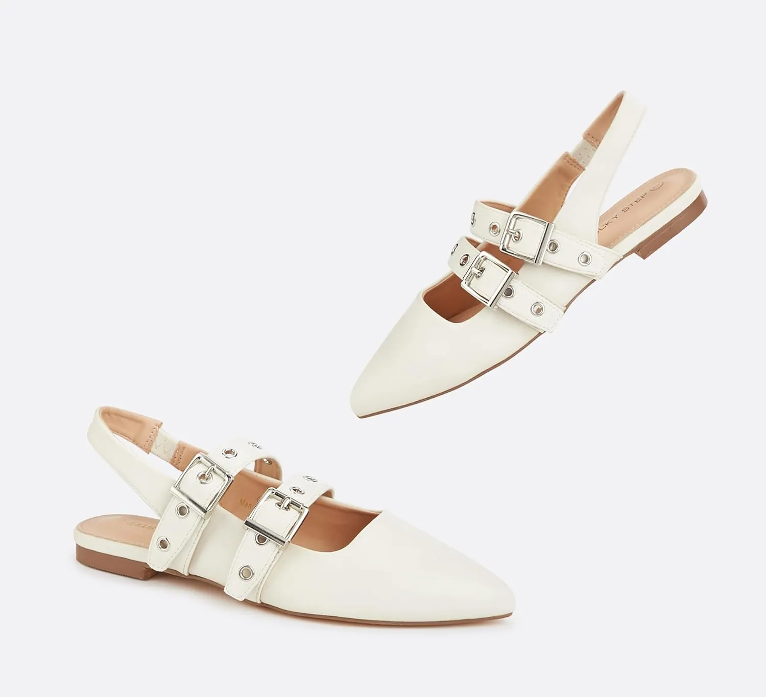 LUCKY STEP Women's Slingback Buckle Flats Ballet Poninted Toe Block Heel Dress Adjustable Strap Mary Jane Formal Wedding Shoes