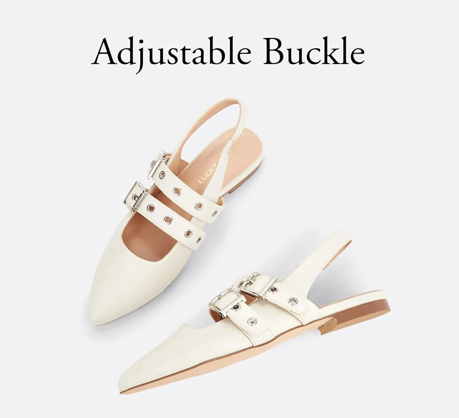LUCKY STEP Women's Slingback Buckle Flats Ballet Poninted Toe Block Heel Dress Adjustable Strap Mary Jane Formal Wedding Shoes