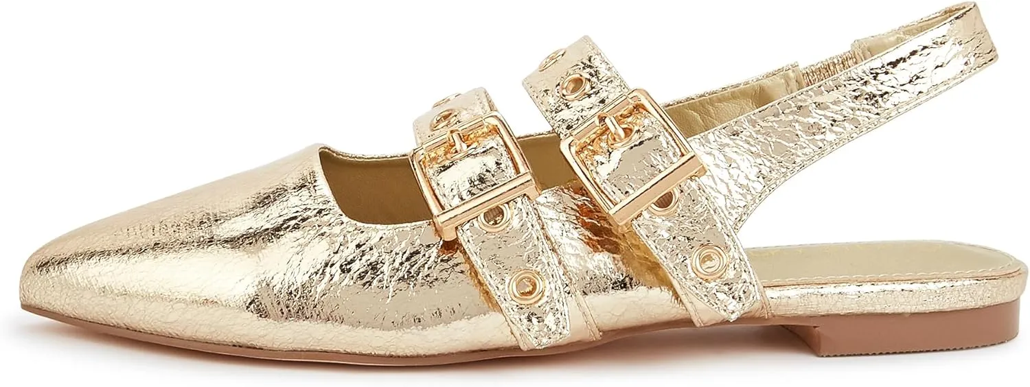 LUCKY STEP Women's Slingback Buckle Flats Ballet Poninted Toe Block Heel Dress Adjustable Strap Mary Jane Formal Wedding Shoes