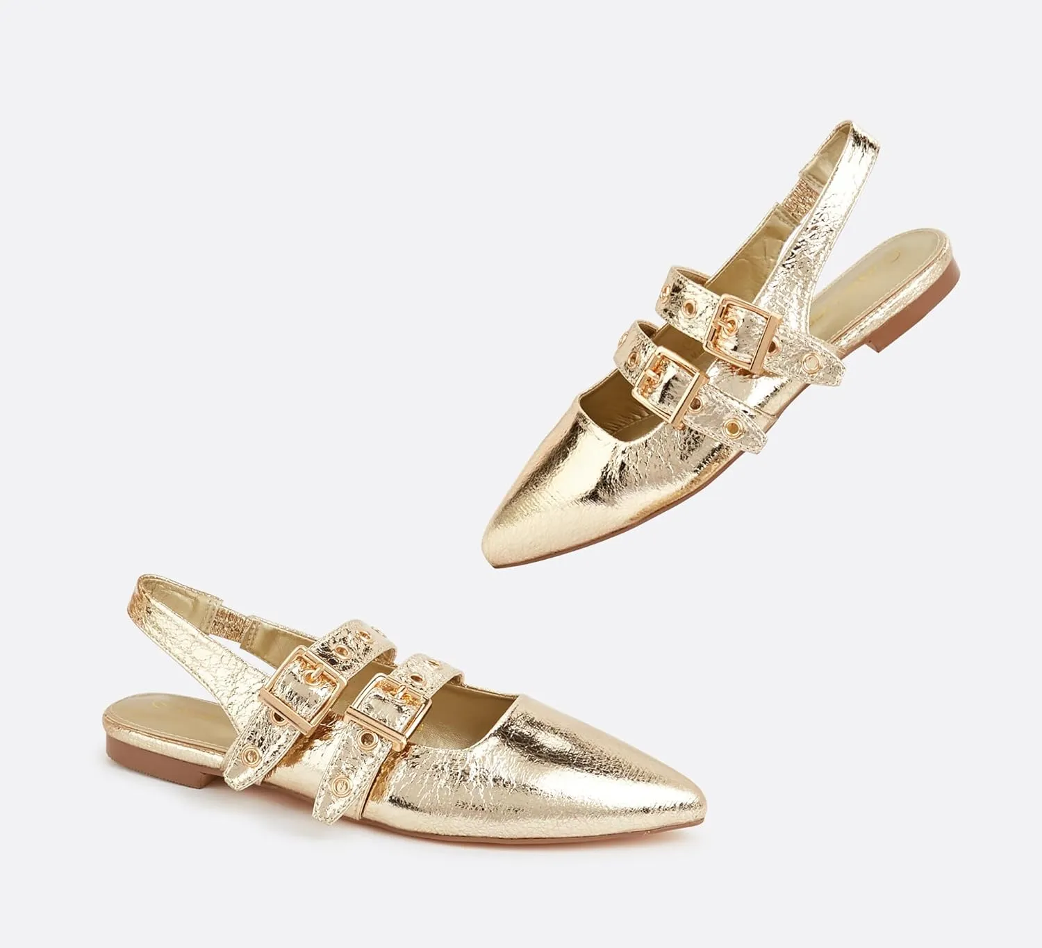LUCKY STEP Women's Slingback Buckle Flats Ballet Poninted Toe Block Heel Dress Adjustable Strap Mary Jane Formal Wedding Shoes