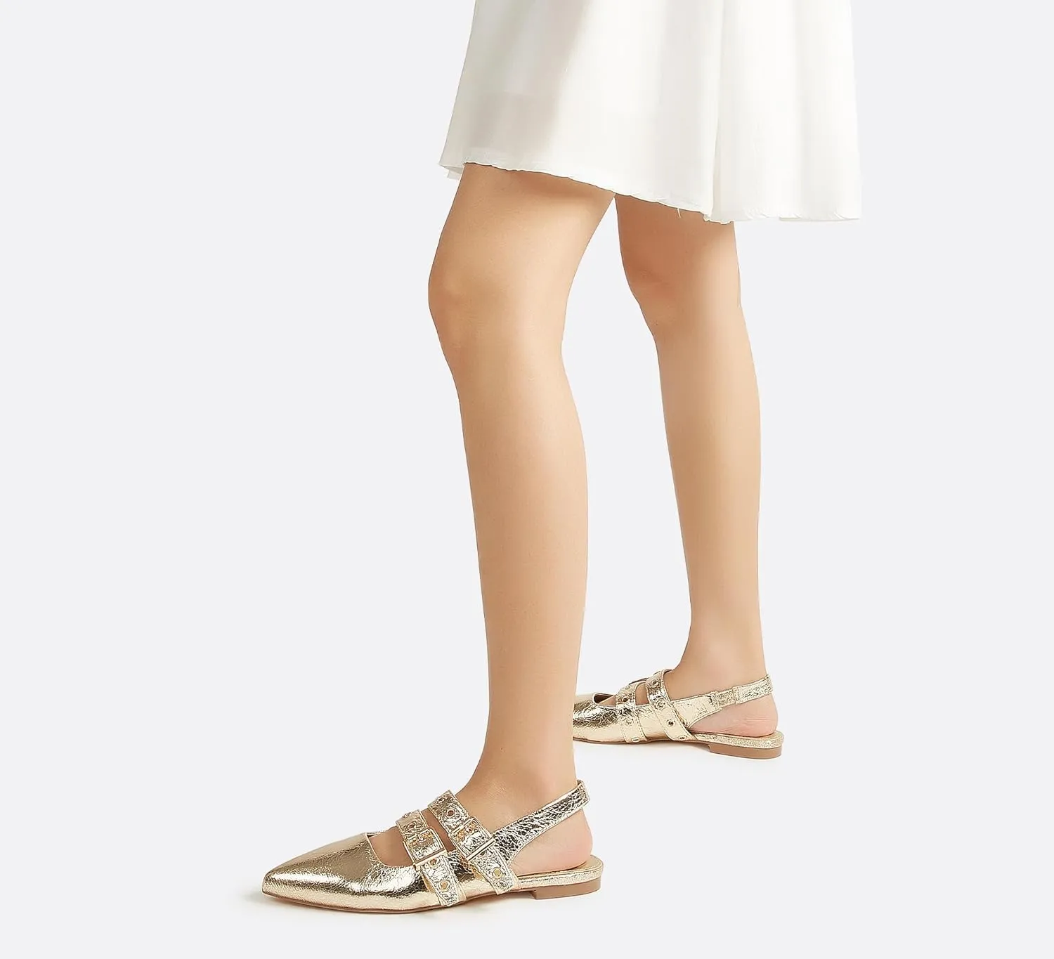 LUCKY STEP Women's Slingback Buckle Flats Ballet Poninted Toe Block Heel Dress Adjustable Strap Mary Jane Formal Wedding Shoes