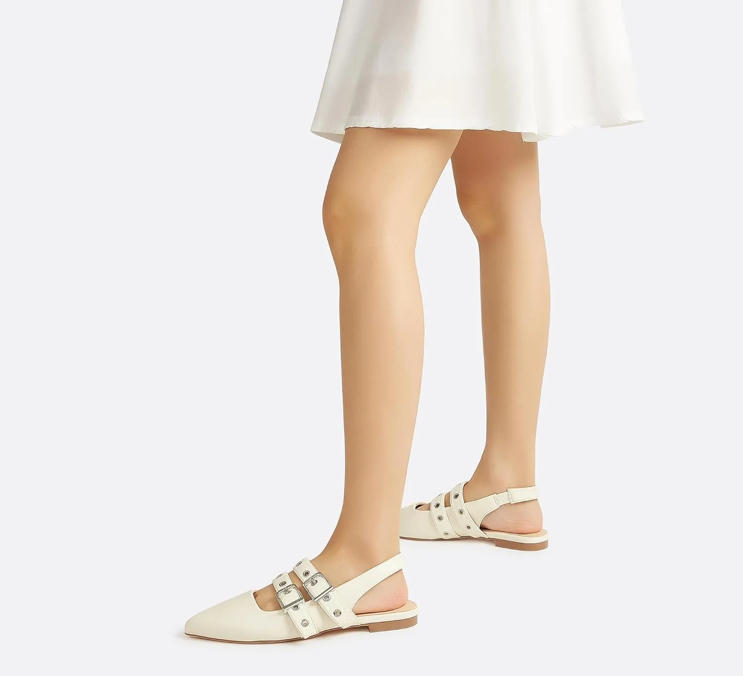 LUCKY STEP Women's Slingback Buckle Flats Ballet Poninted Toe Block Heel Dress Adjustable Strap Mary Jane Formal Wedding Shoes