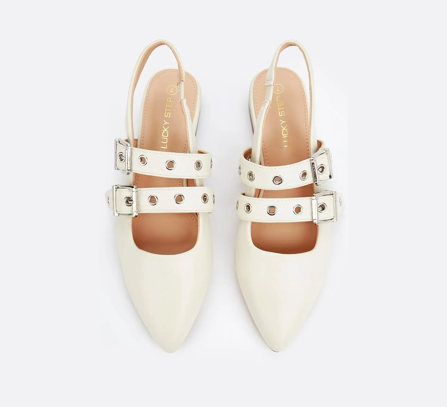 LUCKY STEP Women's Slingback Buckle Flats Ballet Poninted Toe Block Heel Dress Adjustable Strap Mary Jane Formal Wedding Shoes