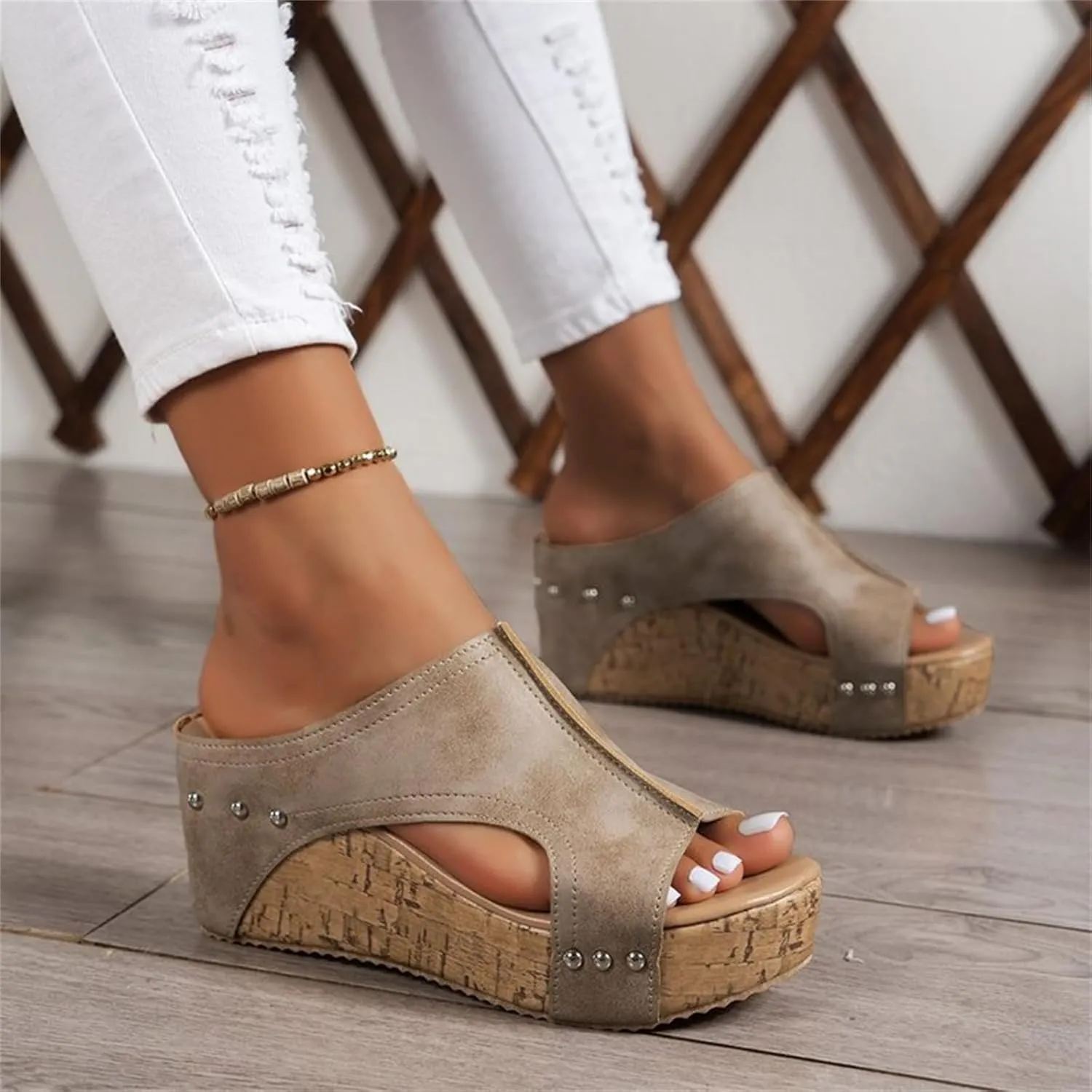 Lumi Cork Wedges & Platform Slides, Maison Birch Lumi Cork Wedges, Women's Comfy Leather Wedge Non Slip Lightweight Sandals
