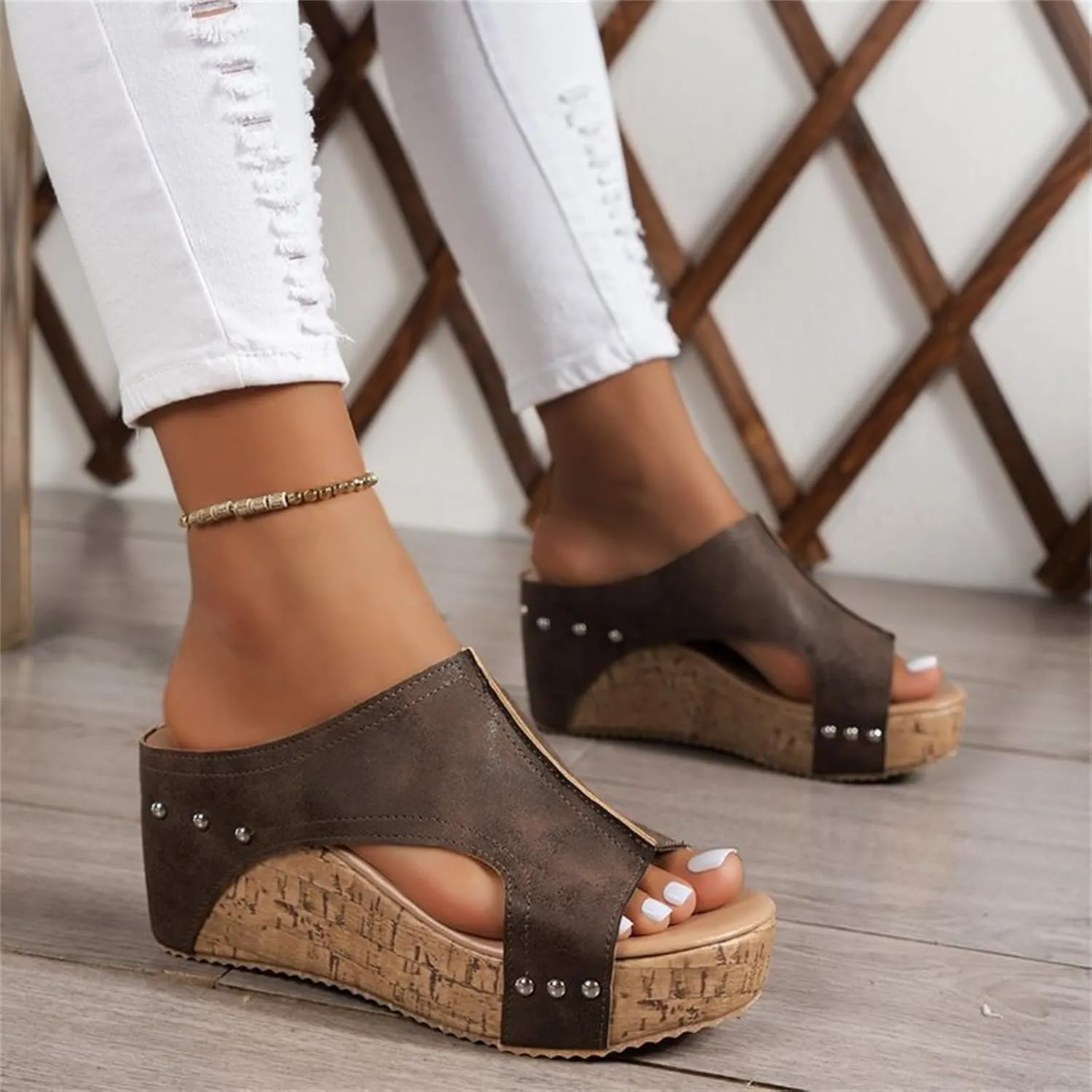 Lumi Cork Wedges & Platform Slides, Maison Birch Lumi Cork Wedges, Women's Comfy Leather Wedge Non Slip Lightweight Sandals